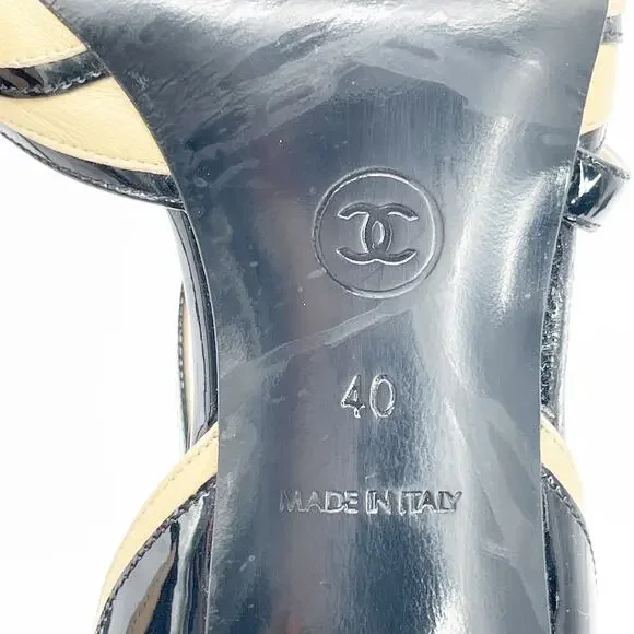 Chanel Vintage Beige Black Patent Leather Cap Toe CC Logo Strappy Heels EU 40 - Picture 15 of 16